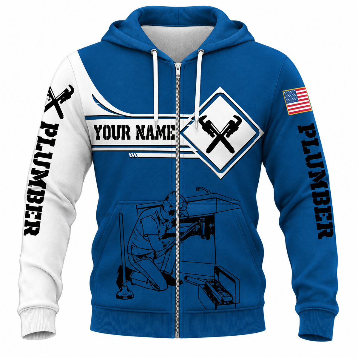 Personalized Plumber Hoodie & T-Shirt - Blue White Plumbing Tools – Zip Hoodie, front view