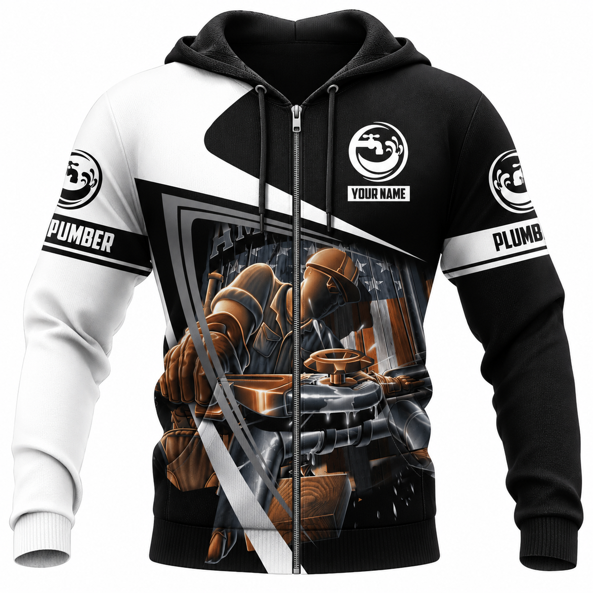 Personalized Plumber Hoodie & T-Shirt - Black White Plumber At Work – Zip Hoodie, front view