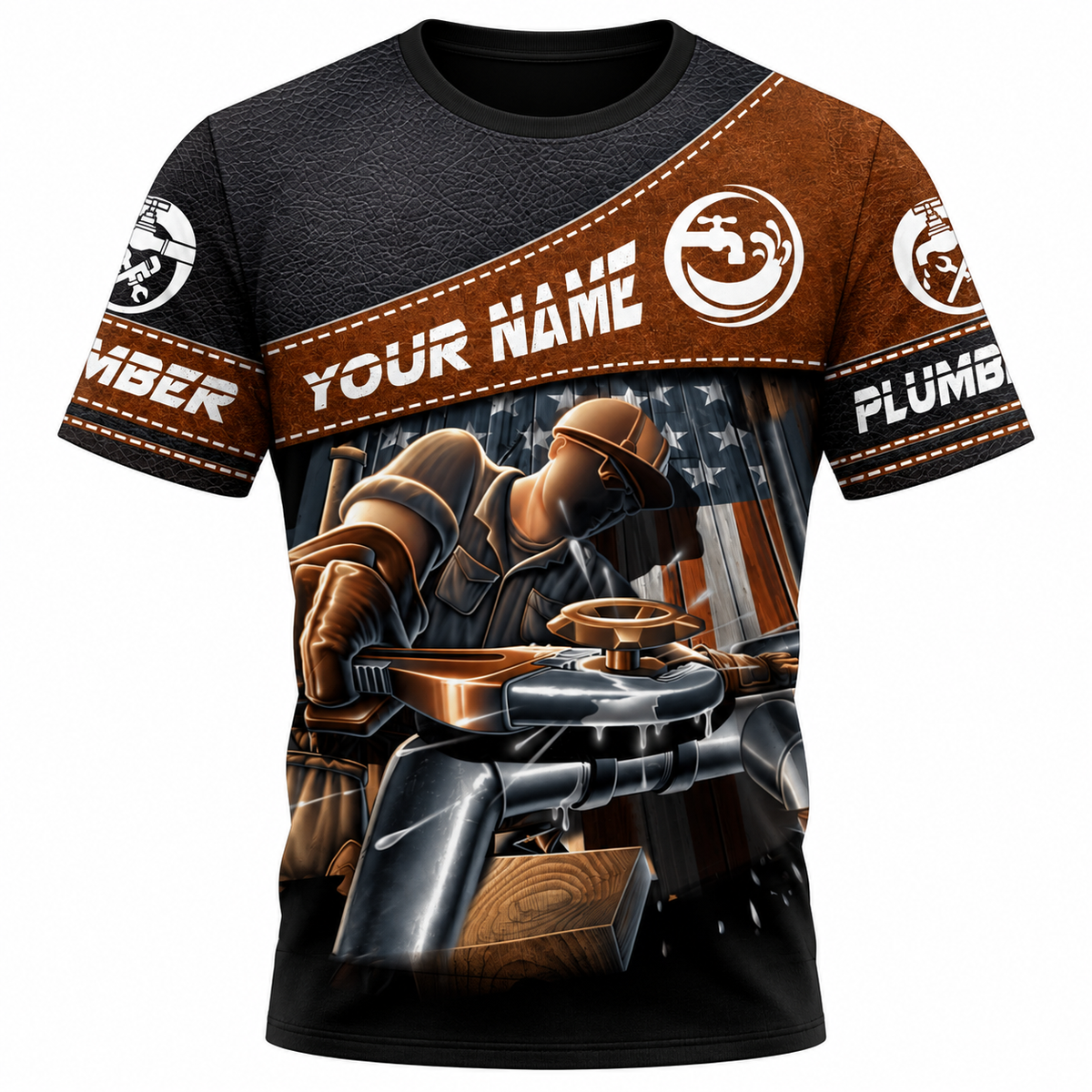 Personalized Plumber Hoodie & T-Shirt - Brown Diagonal Panel Plumber At Work – T-Shirt, front view