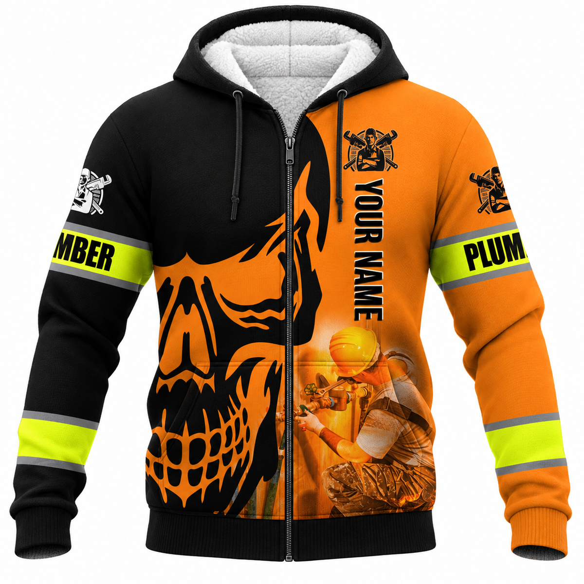 Personalized Plumber Hoodie & T-Shirt - Orange Black Plumber Skull – Fleece Zip Hoodie, front view
