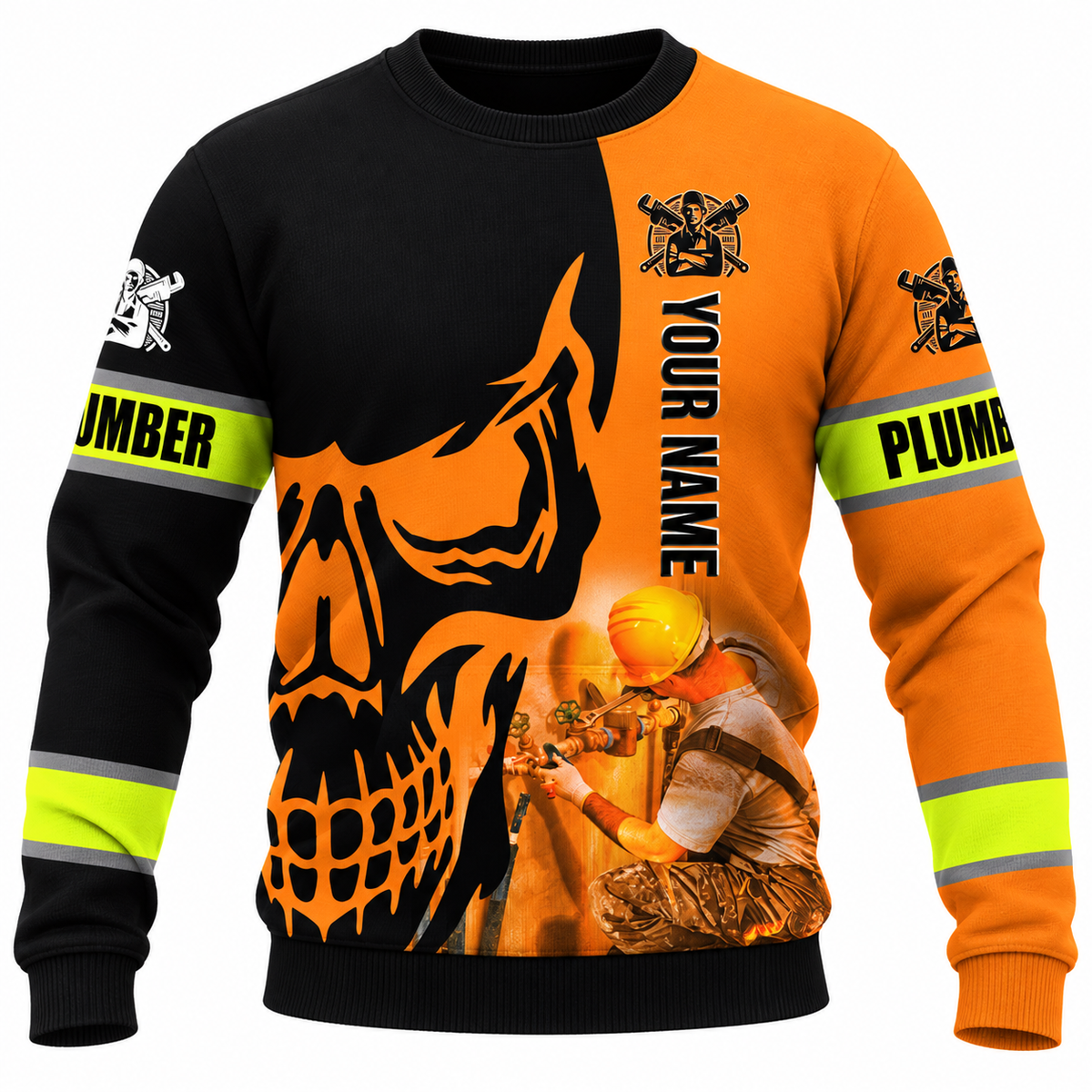 Personalized Plumber Hoodie & T-Shirt - Orange Black Plumber Skull – Sweatshirt, front view