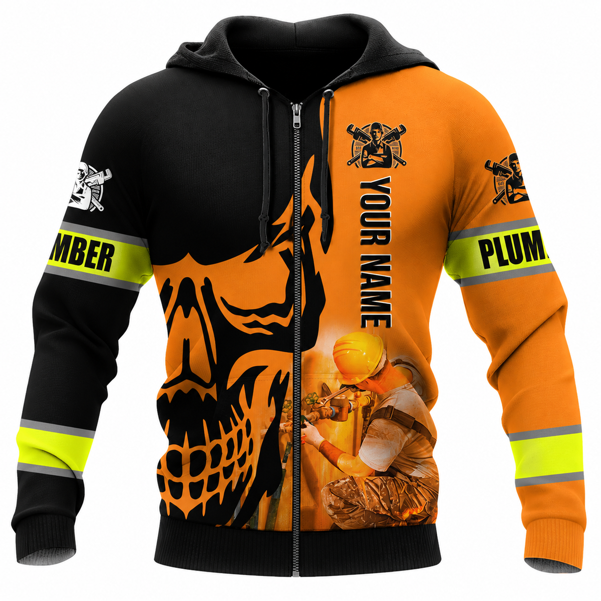 Personalized Plumber Hoodie & T-Shirt - Orange Black Plumber Skull – Zip Hoodie, front view