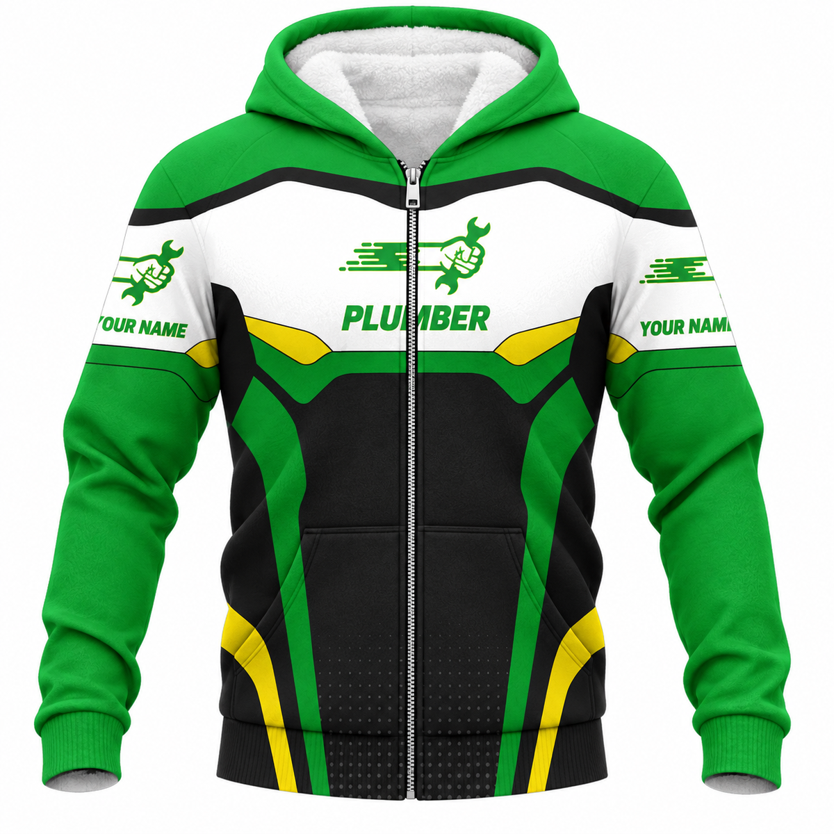 Personalized Plumber Hoodie & T-Shirt - Green White Plumbing Badge – Fleece Zip Hoodie, front view