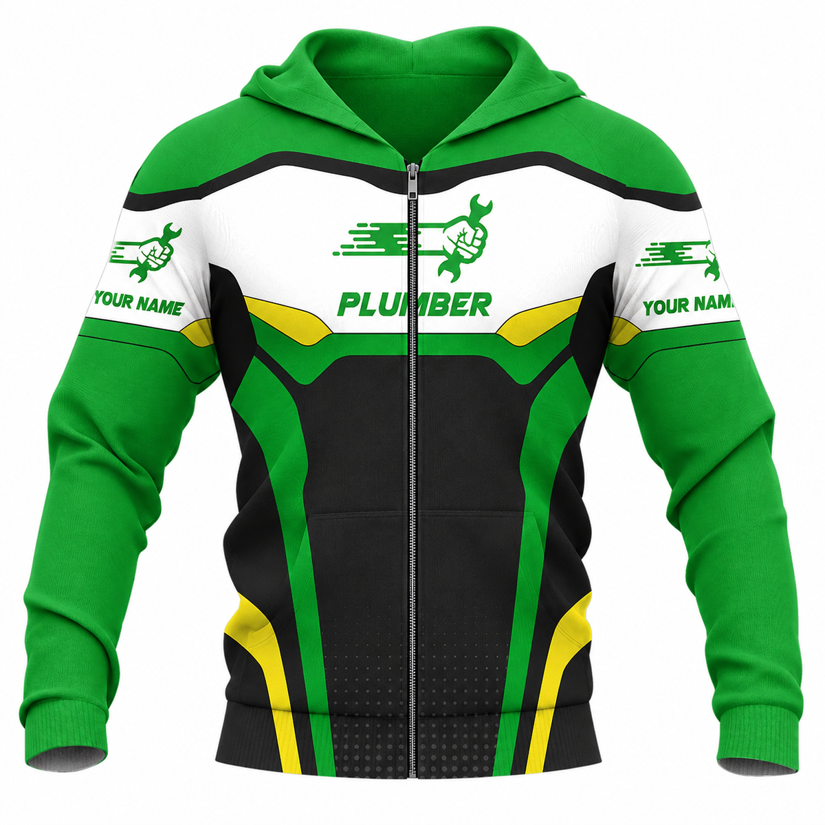 Personalized Plumber Hoodie & T-Shirt - Green White Plumbing Badge – Zip Hoodie, front view