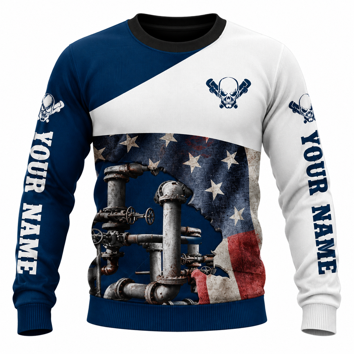 Personalized Plumber Hoodie & T-Shirt - Navy White American Flag Pipework – Sweatshirt, front view