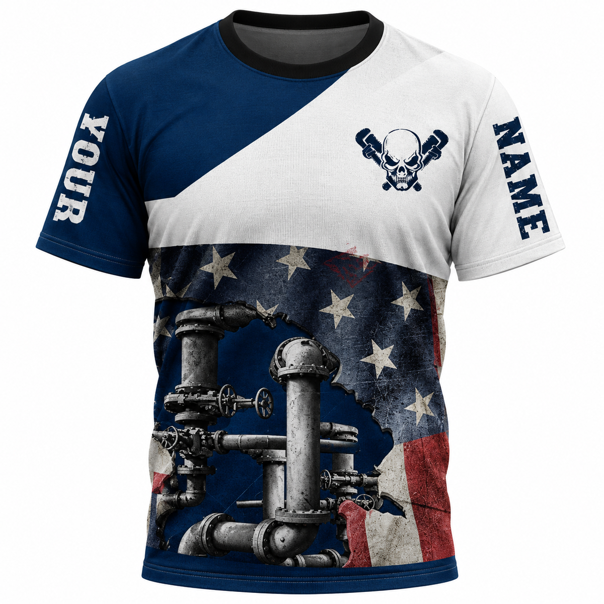 Personalized Plumber Hoodie & T-Shirt - Navy White American Flag Pipework – T-Shirt, front view