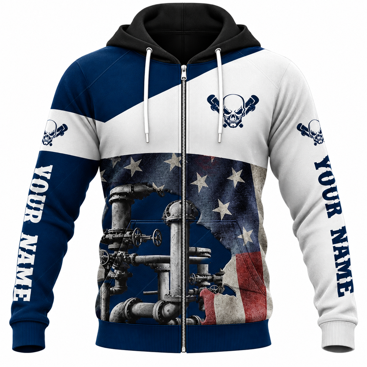 Personalized Plumber Hoodie & T-Shirt - Navy White American Flag Pipework – Zip Hoodie, front view