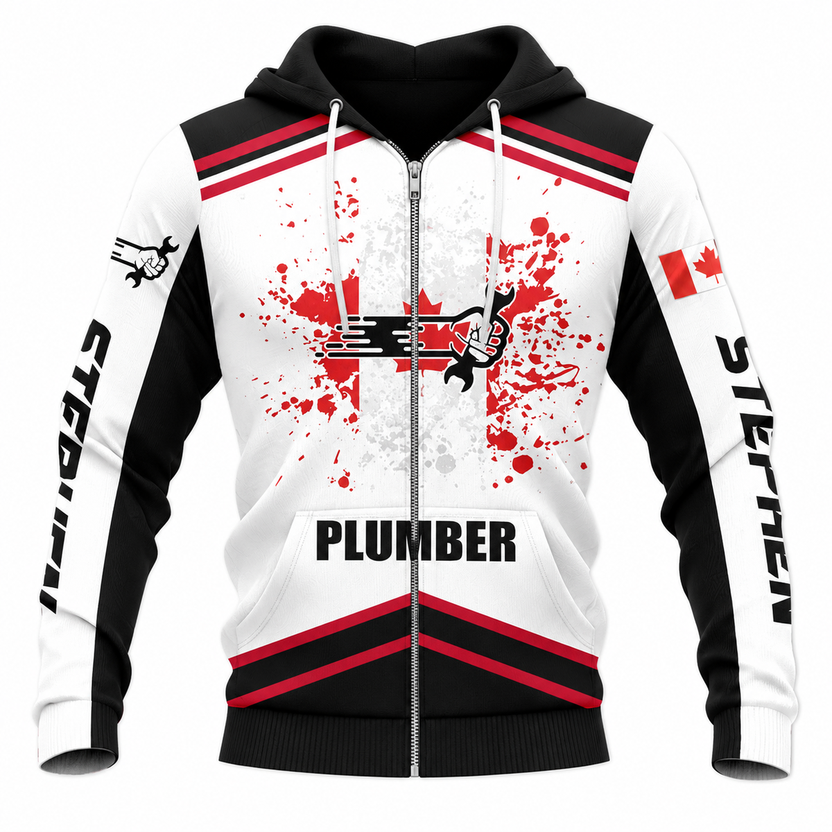 Personalized Plumber Hoodie & T-Shirt - White Red Canadian Maple Leaf – Zip Hoodie, front view