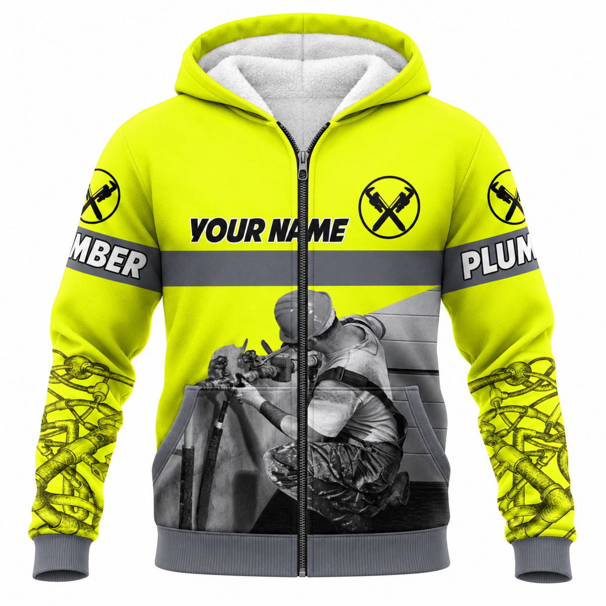 Personalized Plumber Hoodie & T-Shirt - Yellow Plumber At Work – Fleece Zip Hoodie, front view