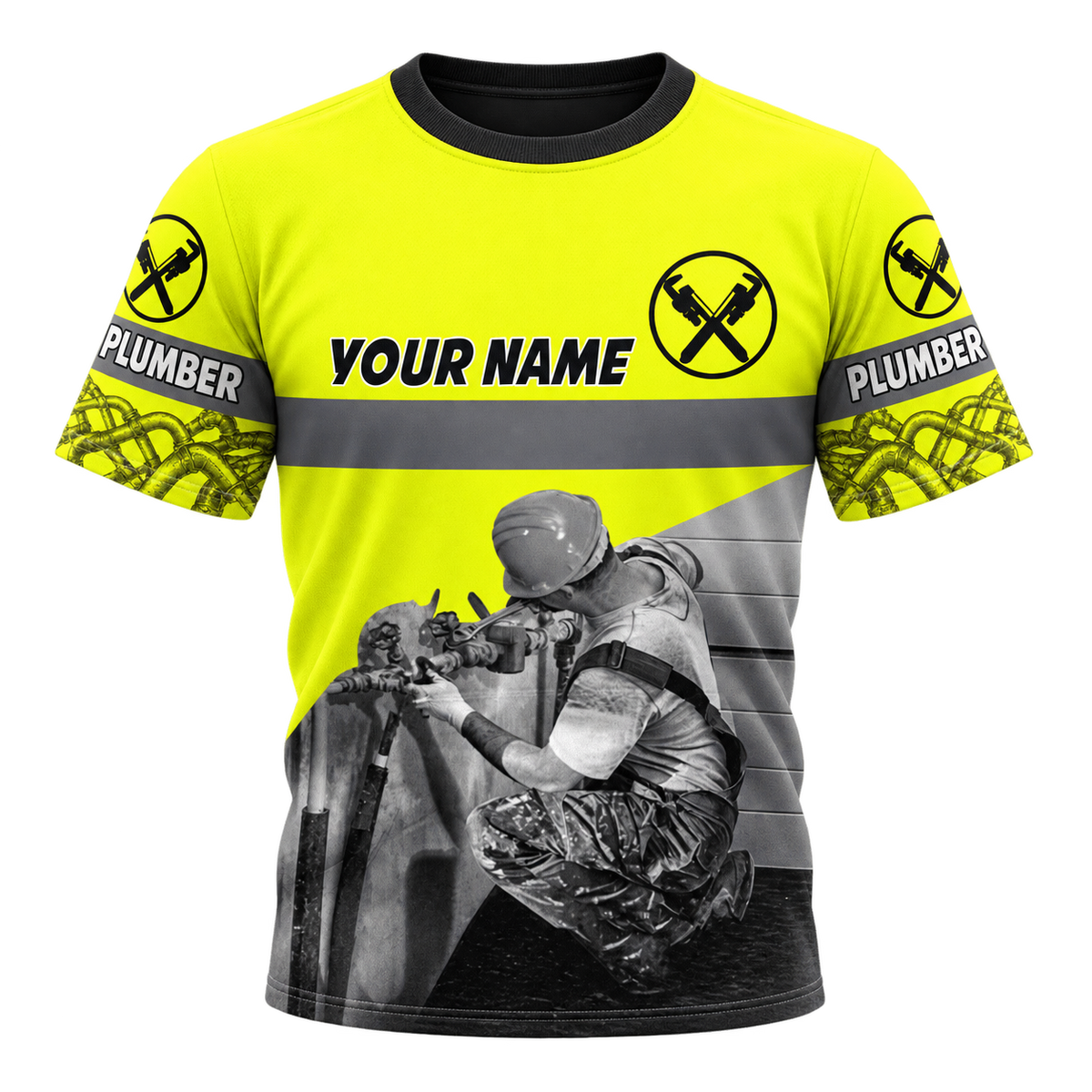 Personalized Plumber Hoodie & T-Shirt - Yellow Plumber At Work – T-Shirt, front view