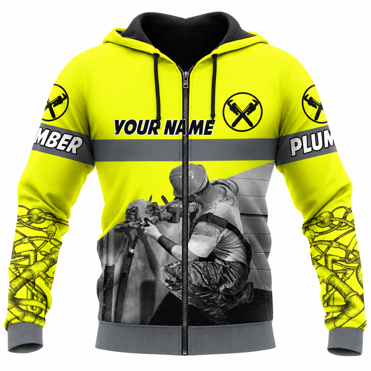Personalized Plumber Hoodie & T-Shirt - Yellow Plumber At Work – Zip Hoodie, front view