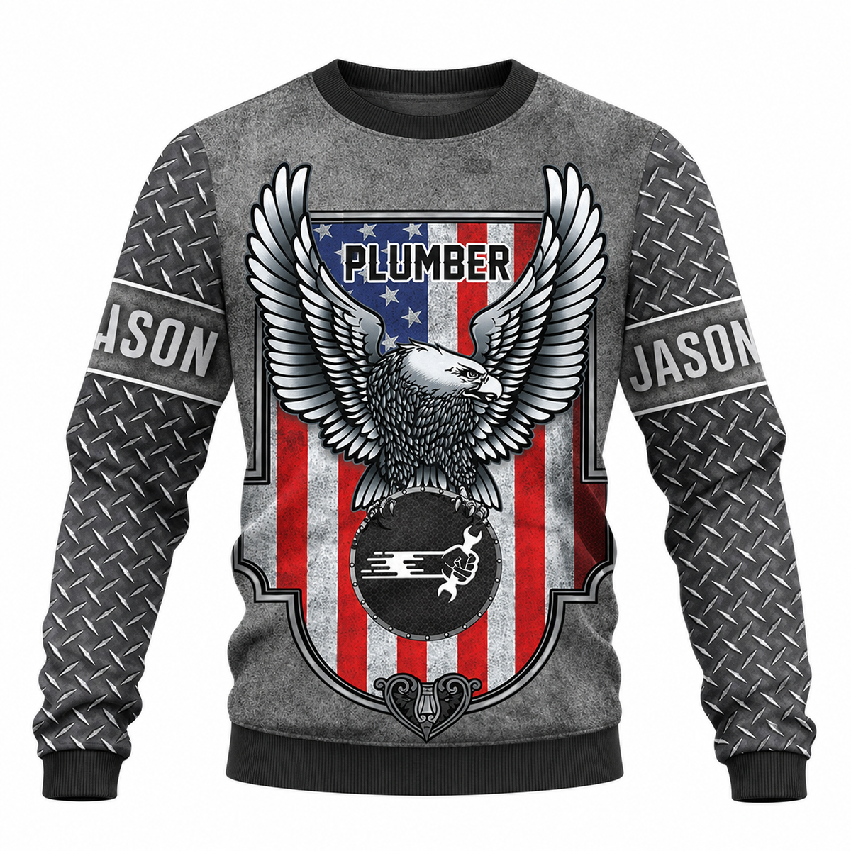 Personalized Plumber Hoodie & T-Shirt - Grey American Eagle Shield – Sweatshirt, front view