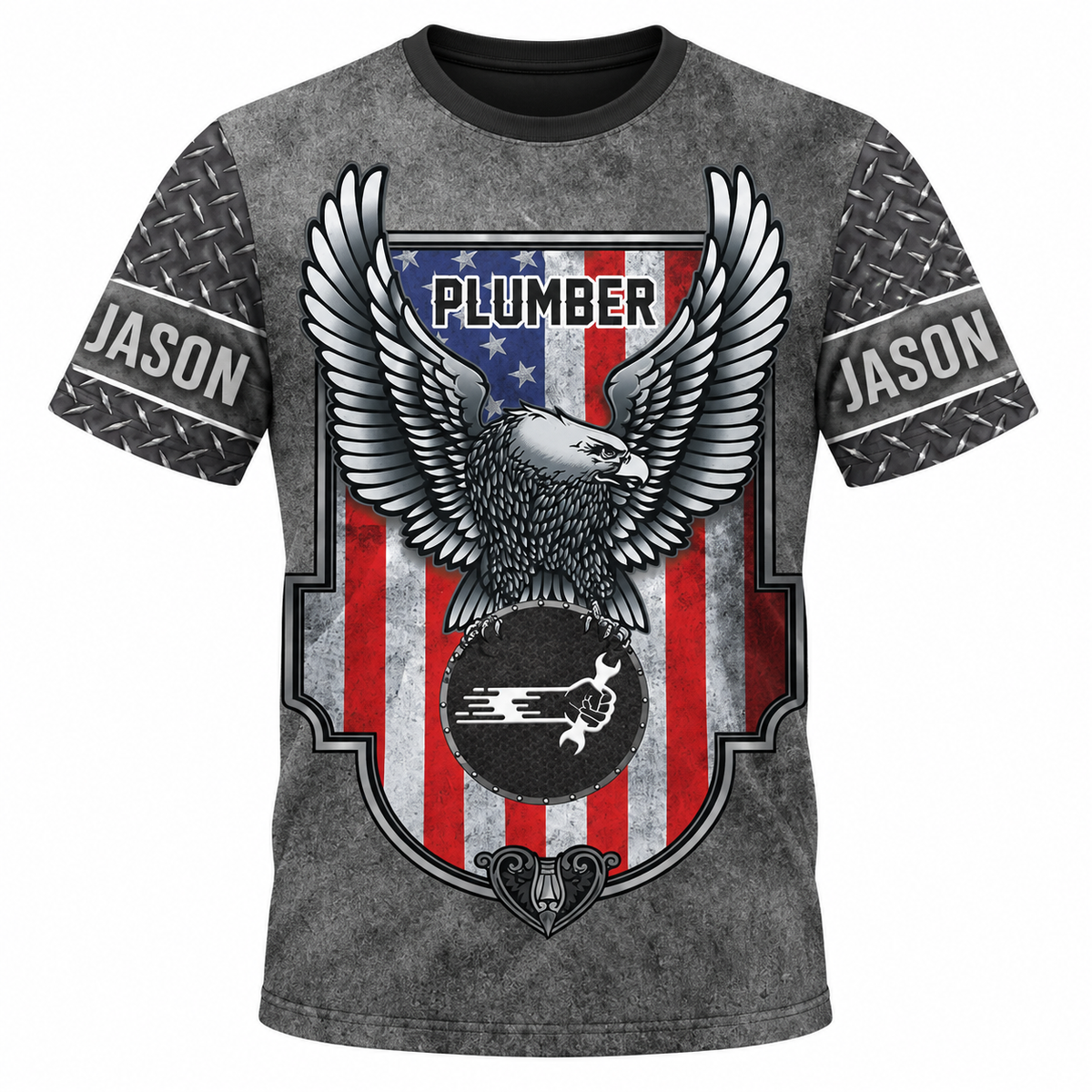 Personalized Plumber Hoodie & T-Shirt - Grey American Eagle Shield – T-Shirt, front view