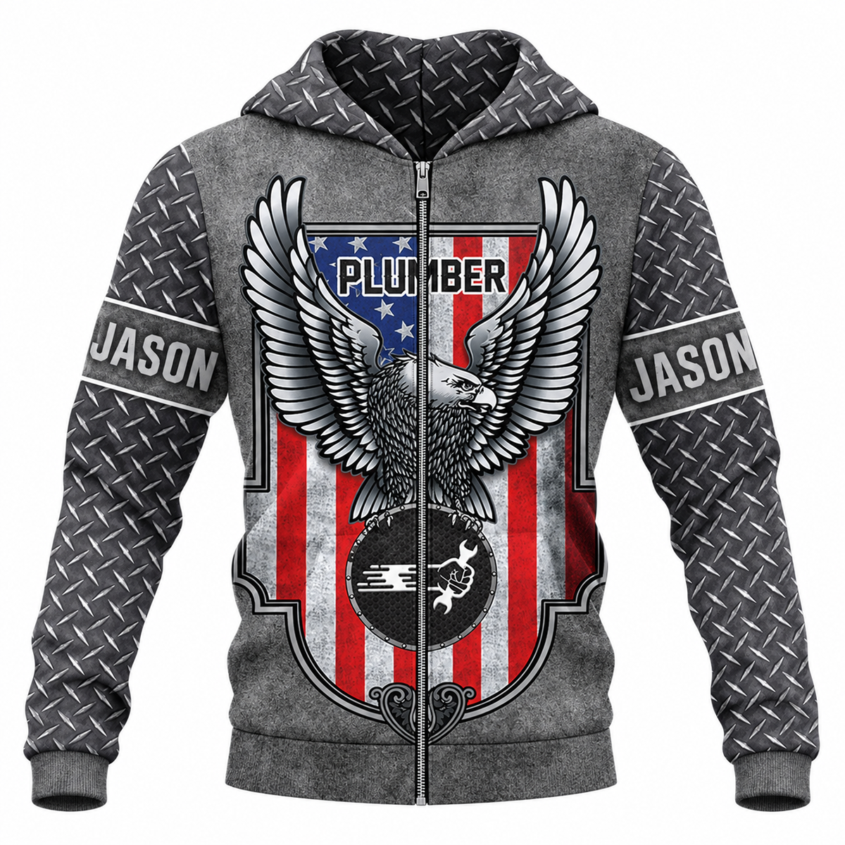Personalized Plumber Hoodie & T-Shirt - Grey American Eagle Shield – Zip Hoodie, front view