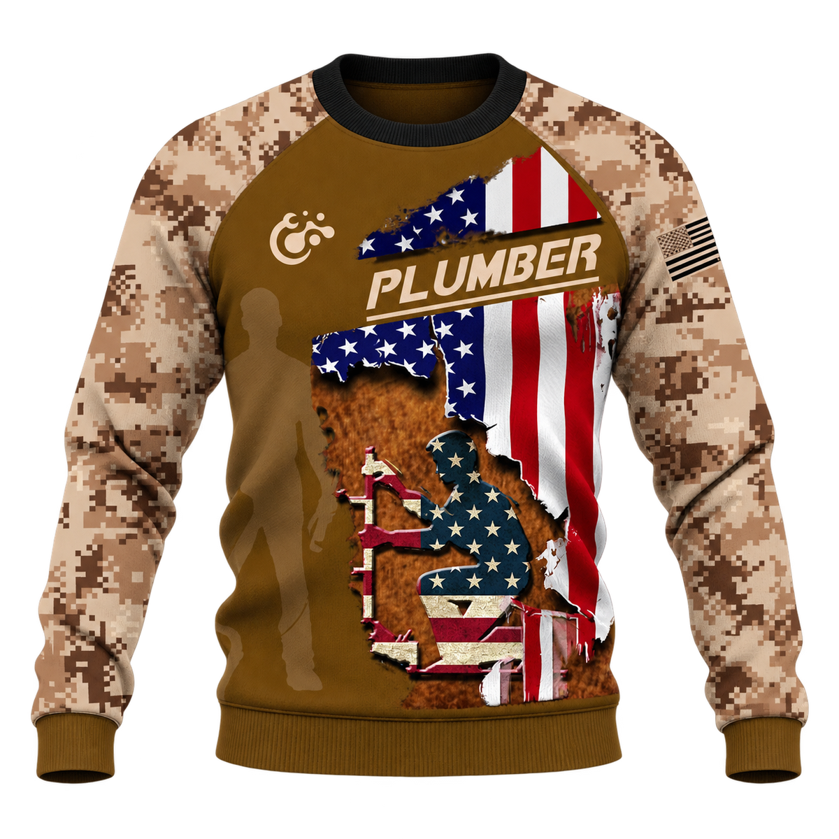 Personalized Plumber Hoodie & T-Shirt - Tan Camouflage American Flag Plumber – Sweatshirt, front view