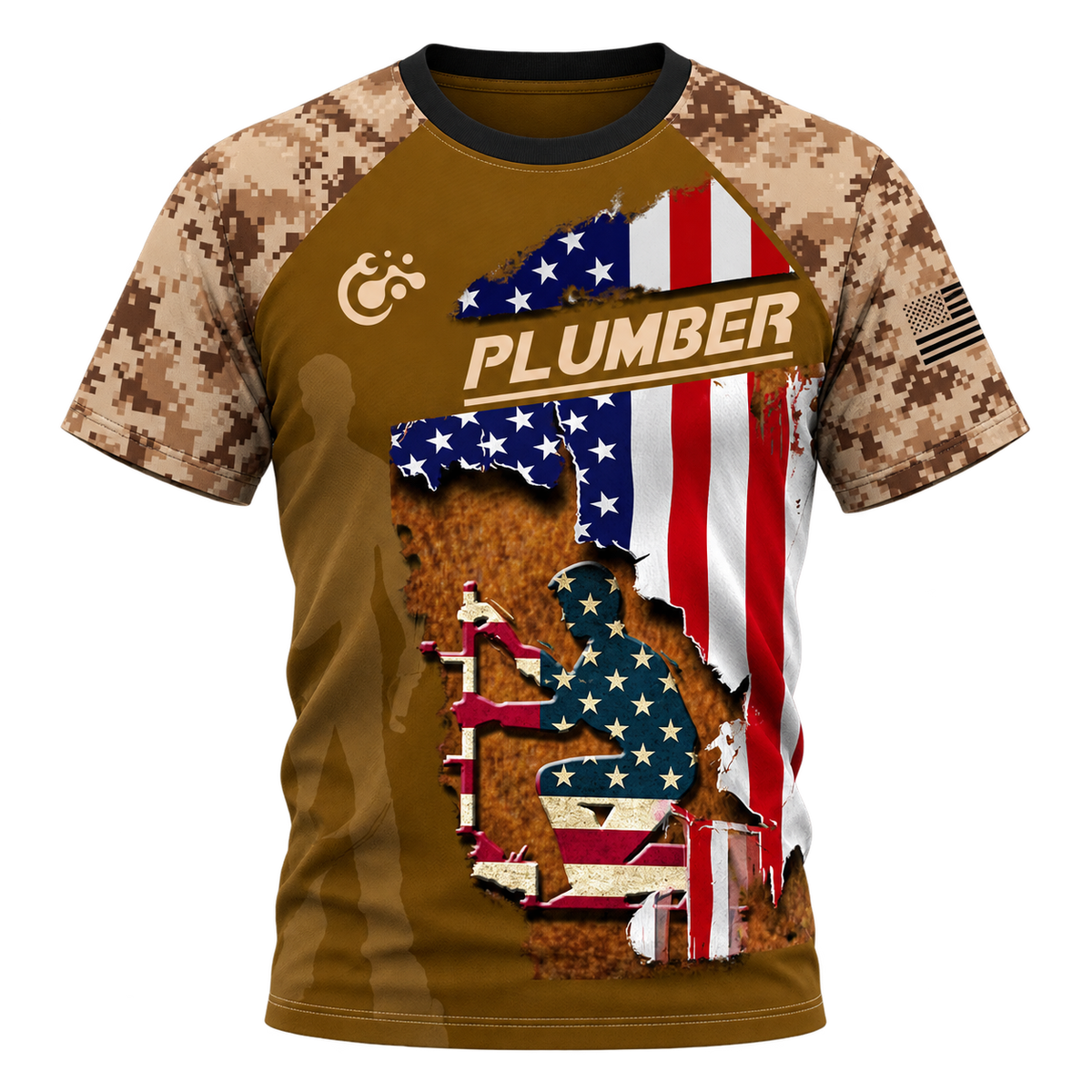 Personalized Plumber Hoodie & T-Shirt - Tan Camouflage American Flag Plumber – T-Shirt, front view