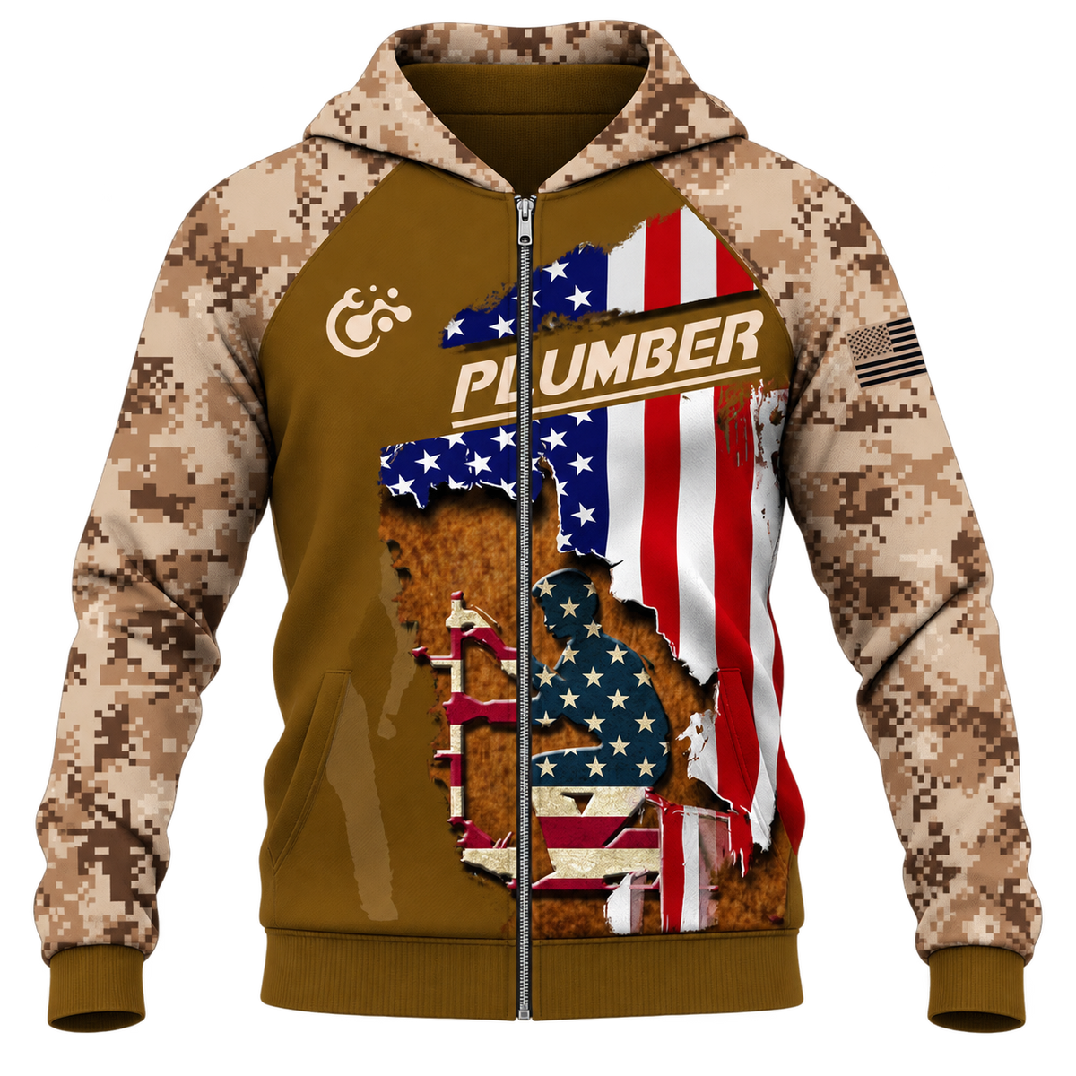 Personalized Plumber Hoodie & T-Shirt - Tan Camouflage American Flag Plumber – Zip Hoodie, front view