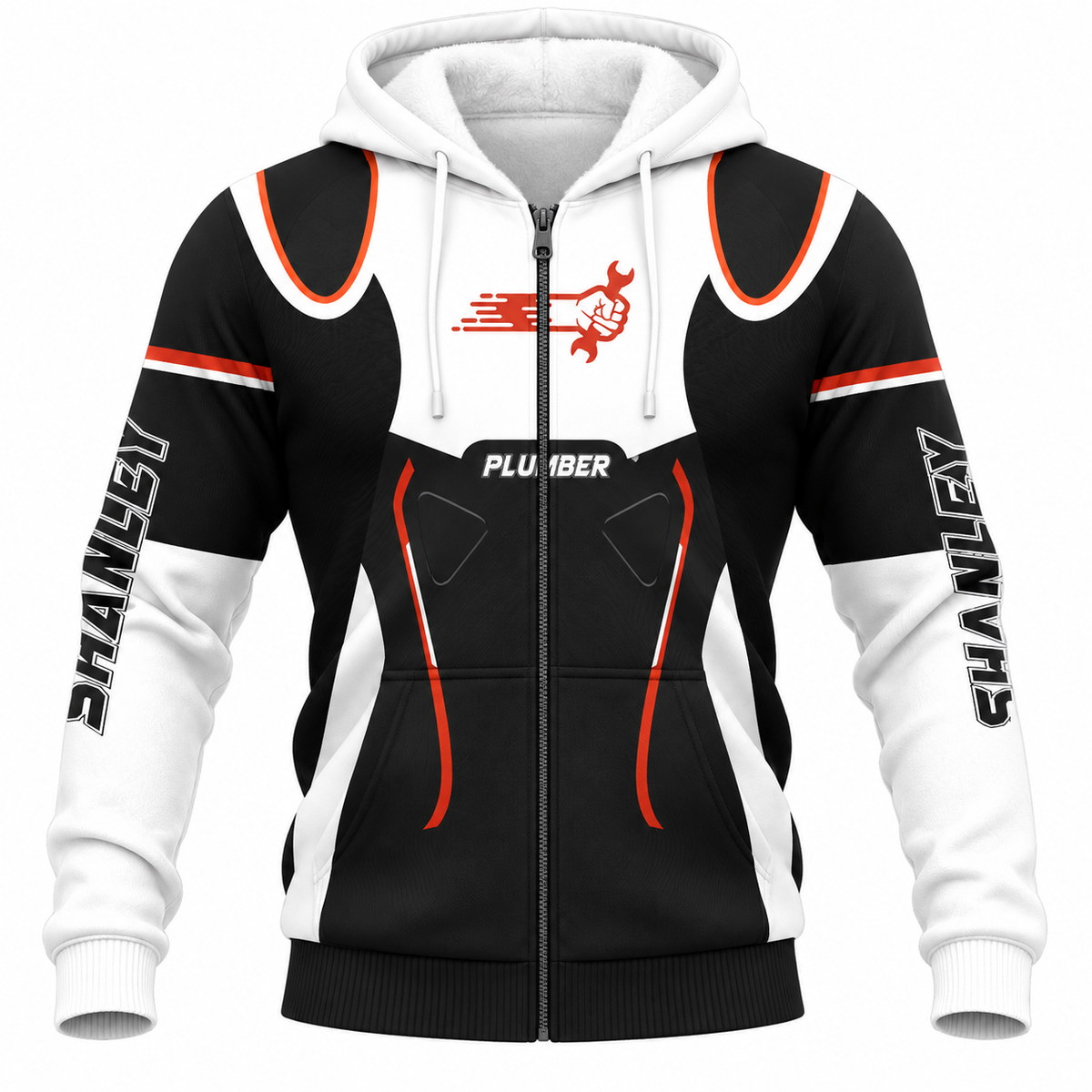 Personalized Plumber Hoodie & T-Shirt - Black White Red Plumbing Badge – Fleece Zip Hoodie, front view