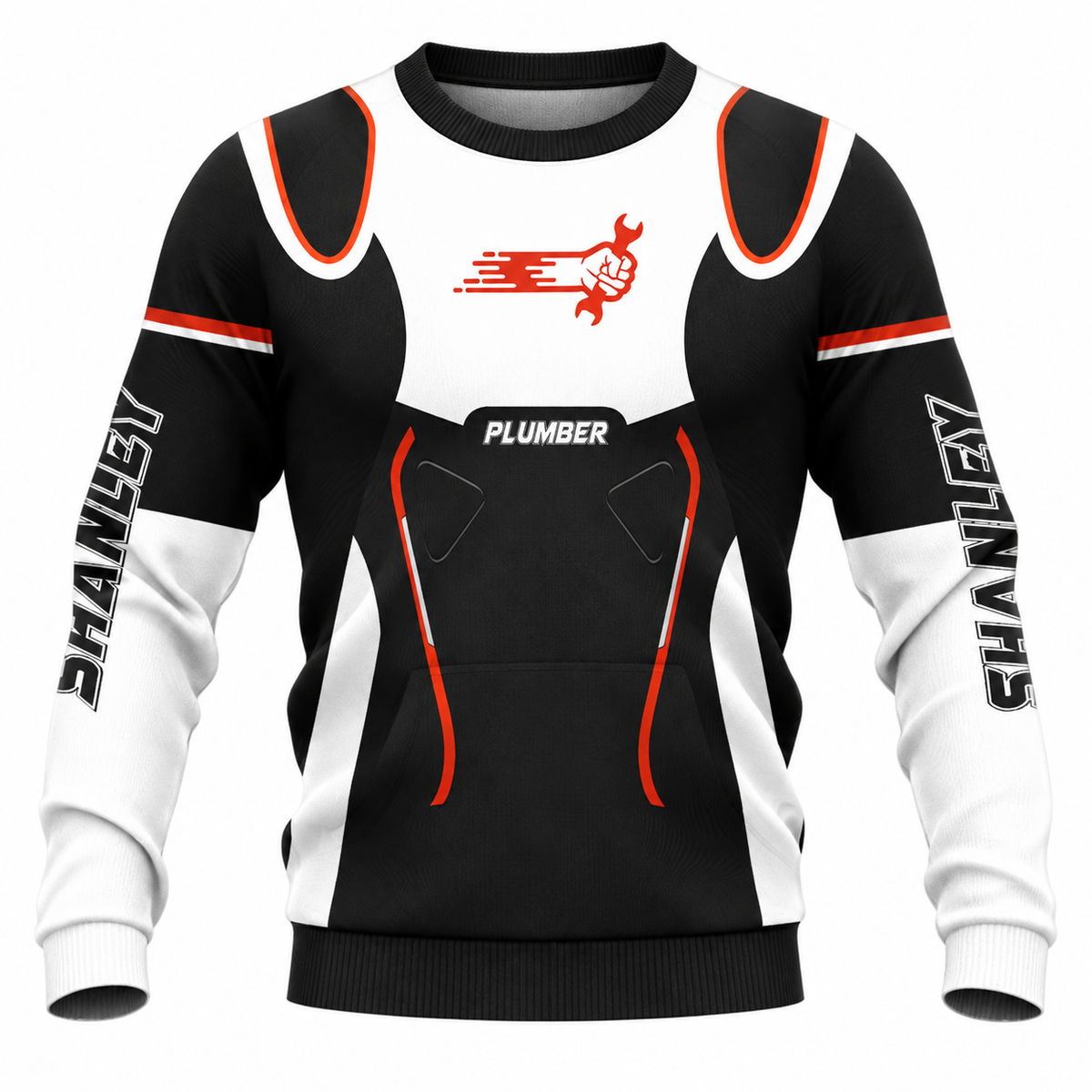 Personalized Plumber Hoodie & T-Shirt - Black White Red Plumbing Badge – Sweatshirt, front view