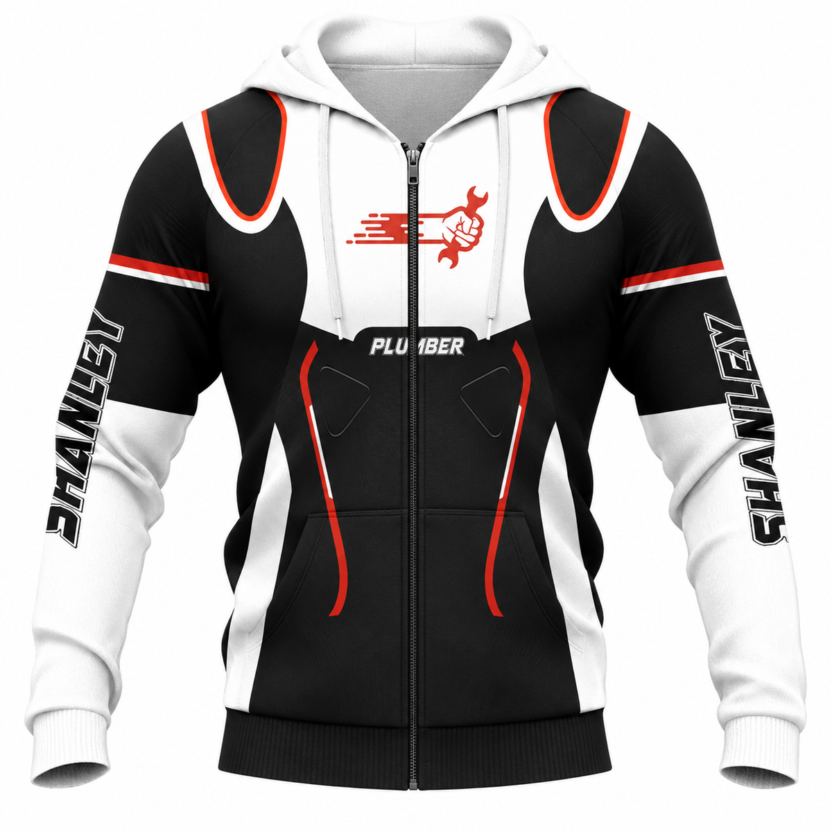 Personalized Plumber Hoodie & T-Shirt - Black White Red Plumbing Badge – Zip Hoodie, front view