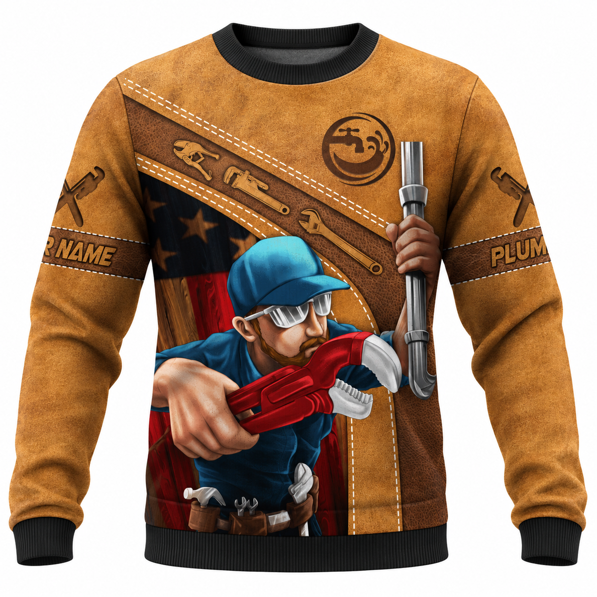 Personalized Plumber Hoodie & T-Shirt - Tan Plumber Pipe Wrench Illustration – Sweatshirt, front view