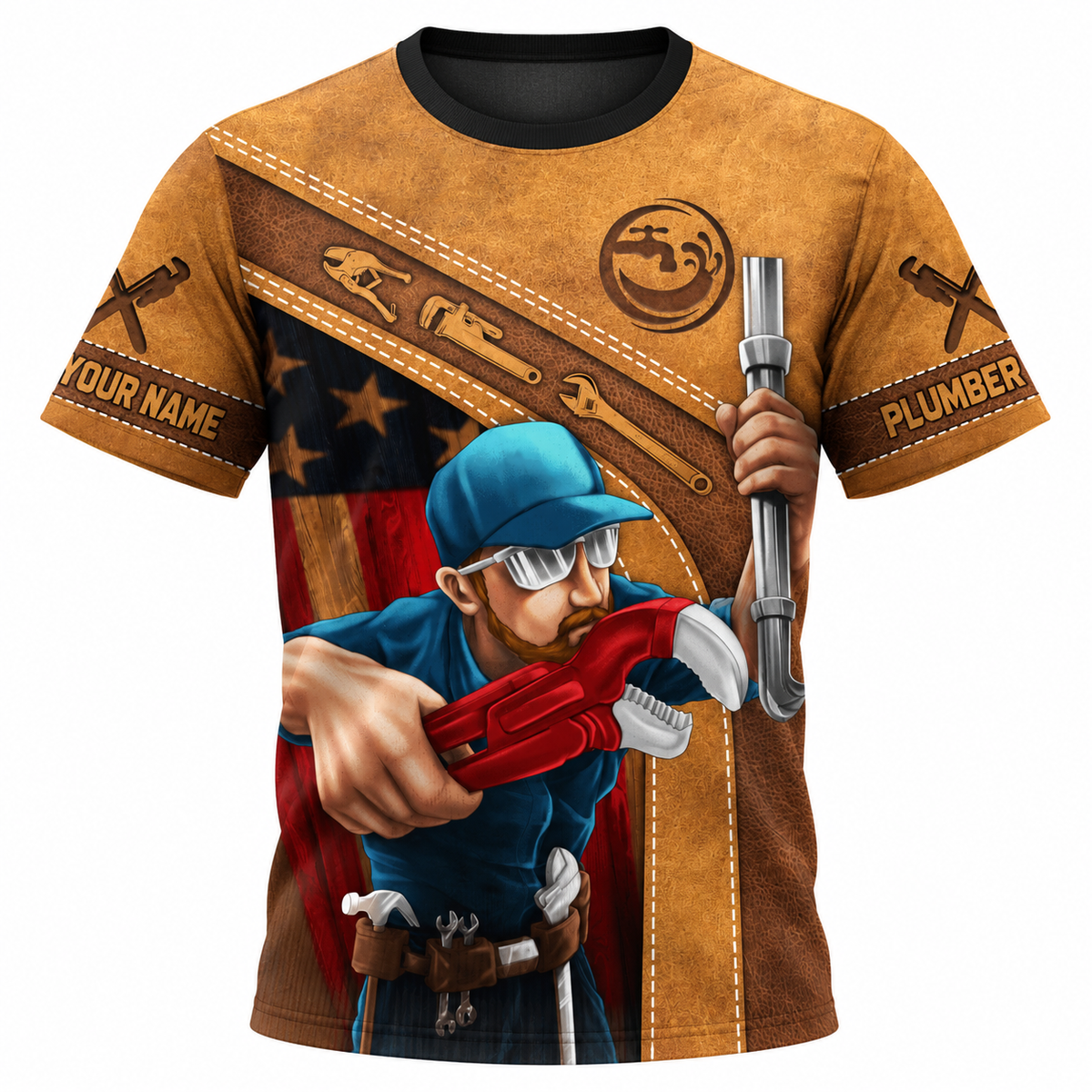 Personalized Plumber Hoodie & T-Shirt - Tan Plumber Pipe Wrench Illustration – T-Shirt, front view
