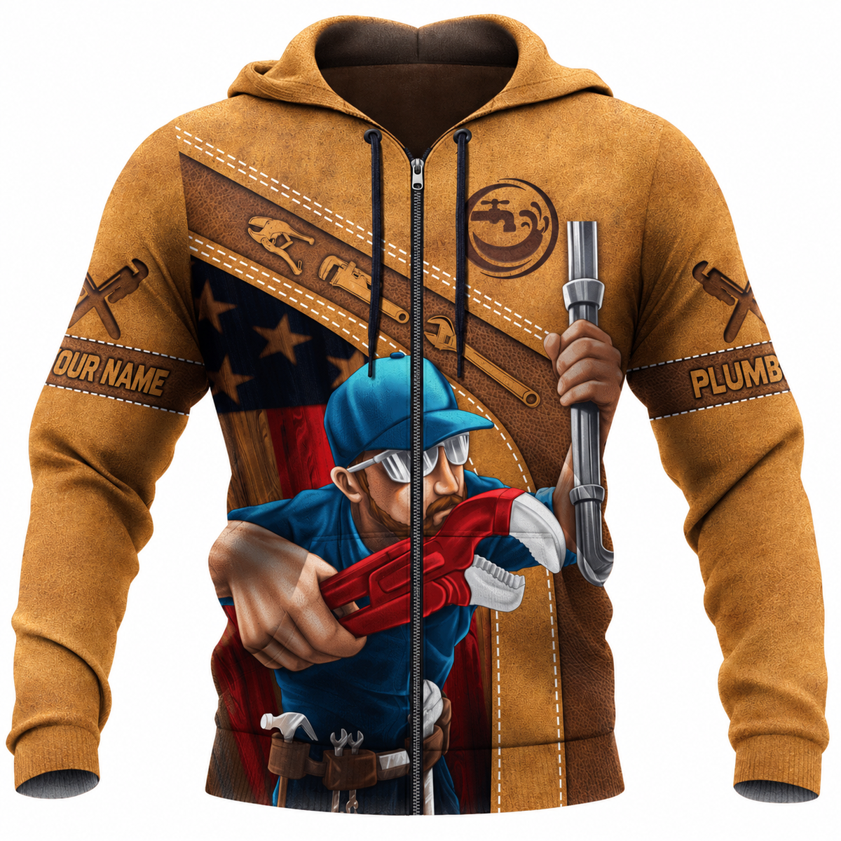 Personalized Plumber Hoodie & T-Shirt - Tan Plumber Pipe Wrench Illustration – Zip Hoodie, front view