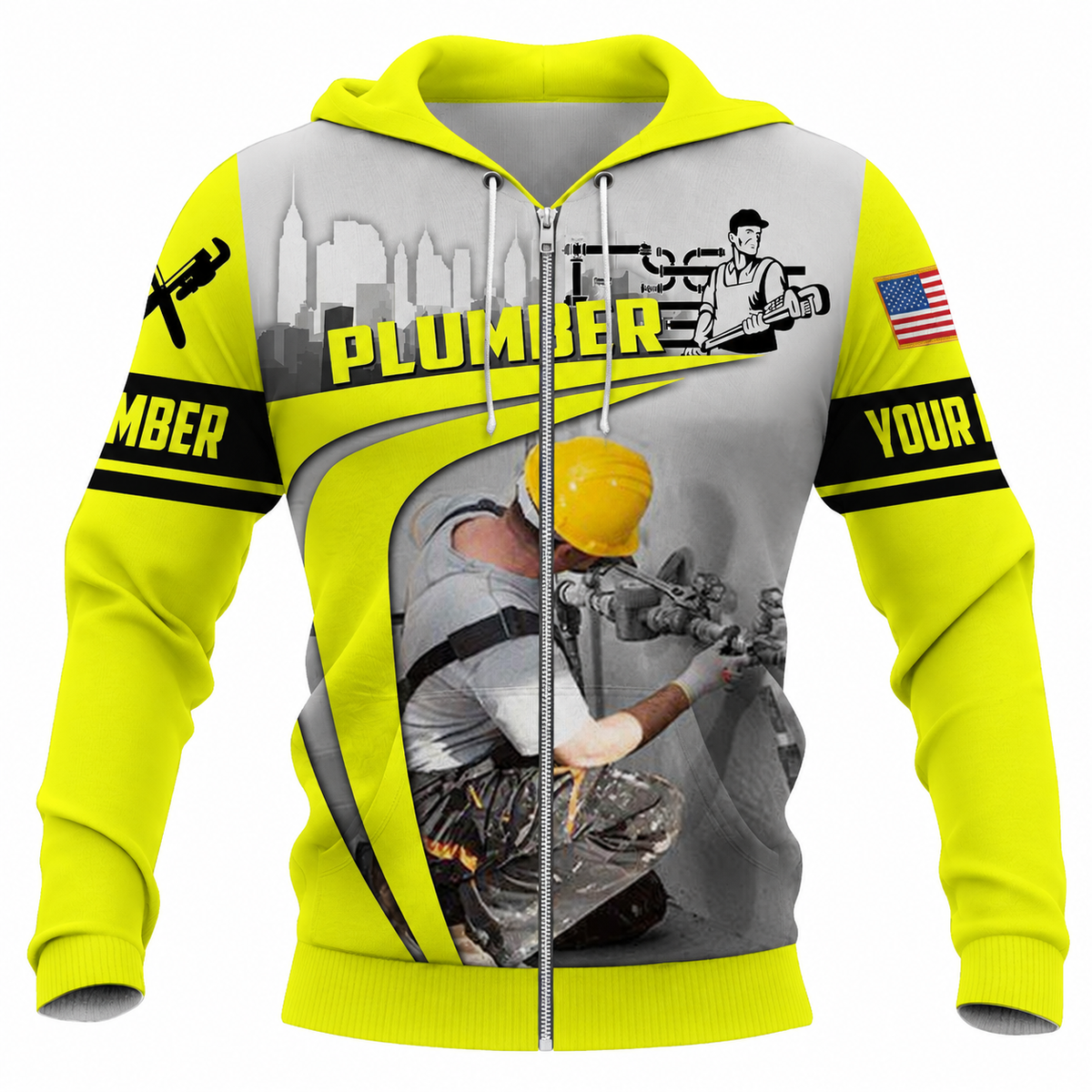 Personalized Plumber Hoodie & T-Shirt - Yellow Grey Pipe Repair Illustration – Fleece Zip Hoodie, front view