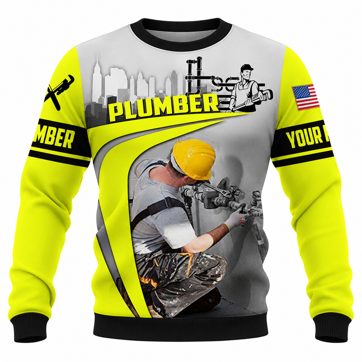 Personalized Plumber Hoodie & T-Shirt - Yellow Grey Pipe Repair Illustration – Sweatshirt, front view