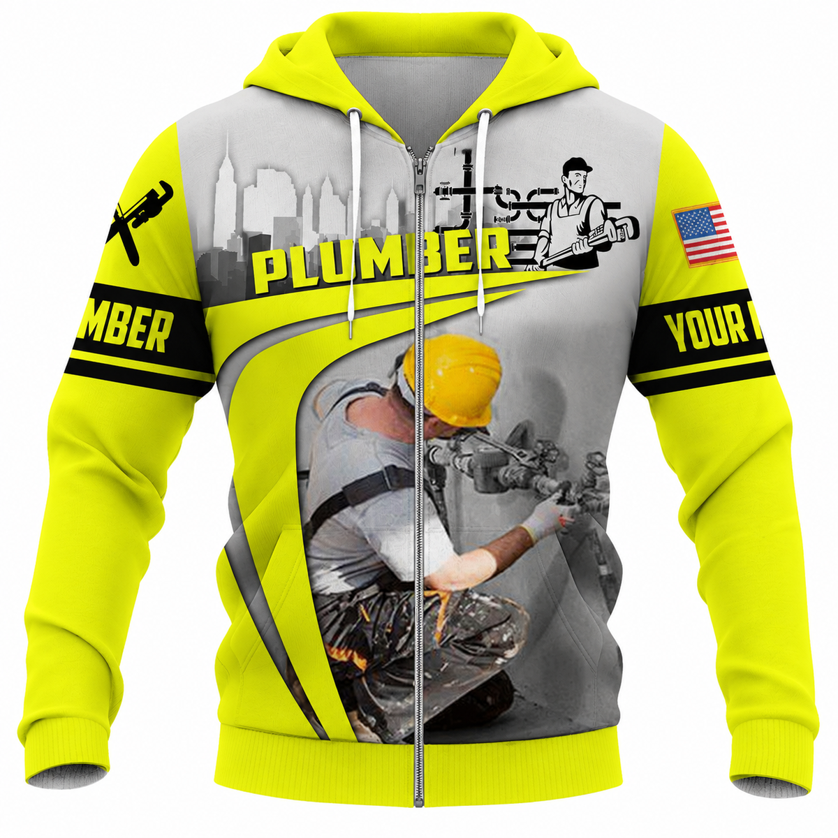 Personalized Plumber Hoodie & T-Shirt - Yellow Grey Pipe Repair Illustration – Zip Hoodie, front view