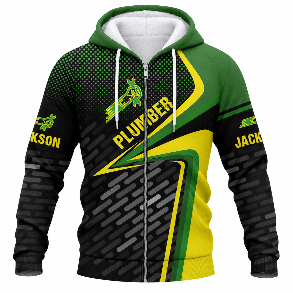 Personalized Plumber Hoodie & T-Shirt - Green Yellow Diagonal Plumber Badge – Fleece Zip Hoodie, front view