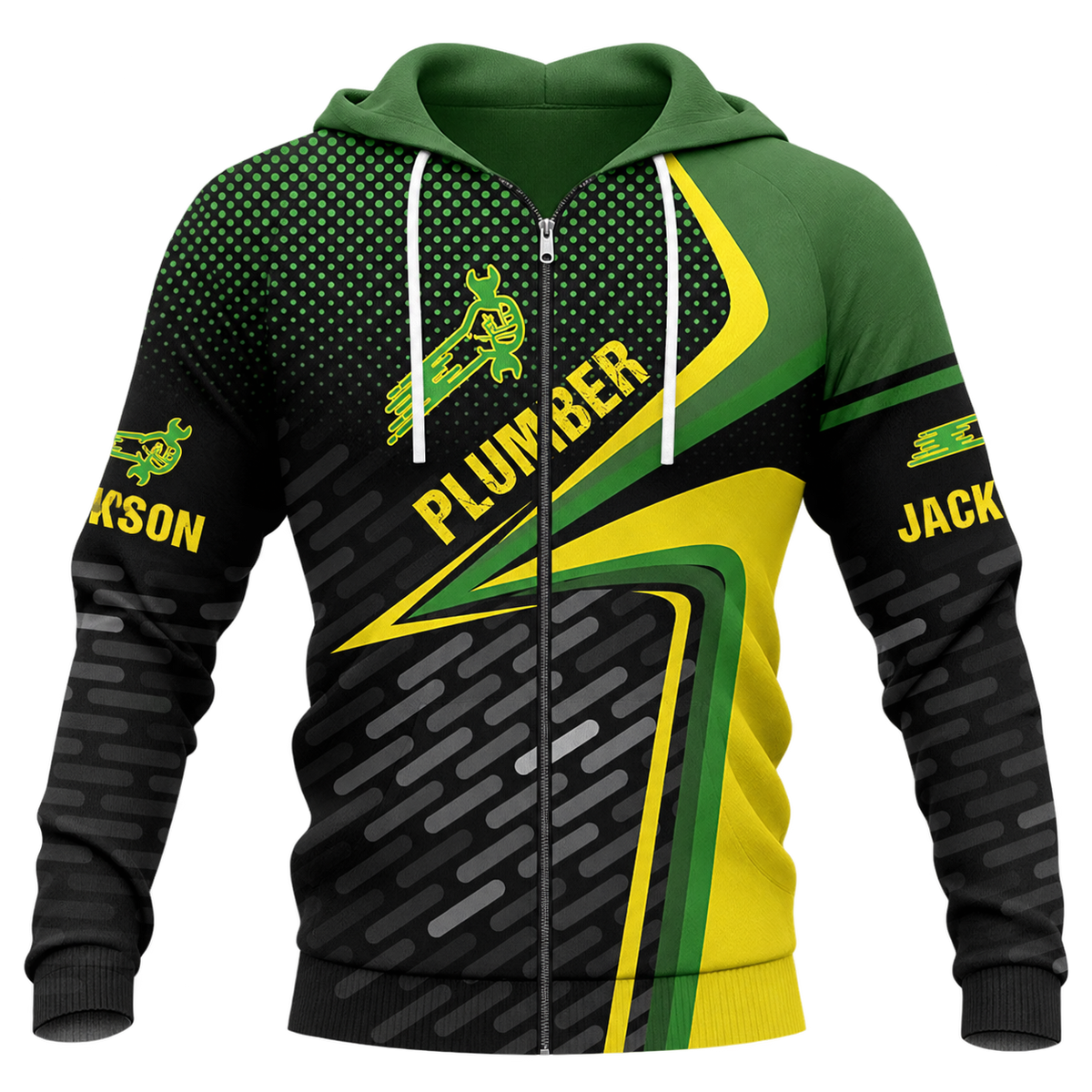 Personalized Plumber Hoodie & T-Shirt - Green Yellow Diagonal Plumber Badge – Zip Hoodie, front view