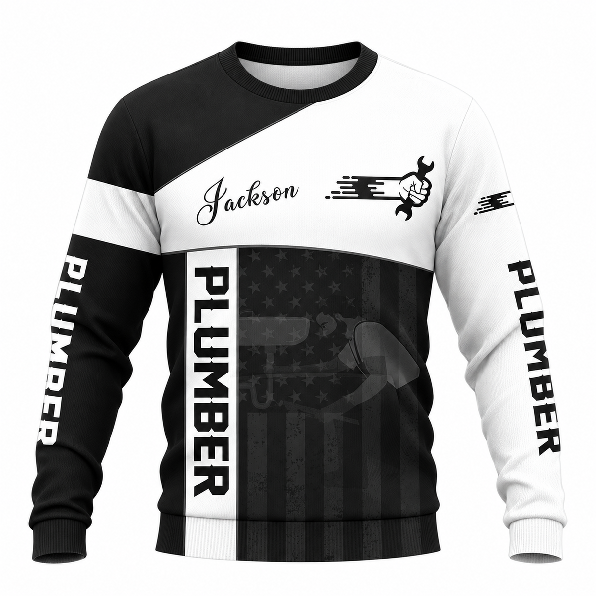Personalized Plumber Hoodie & T-Shirt - Black White Plumbing Tools – Sweatshirt, front view