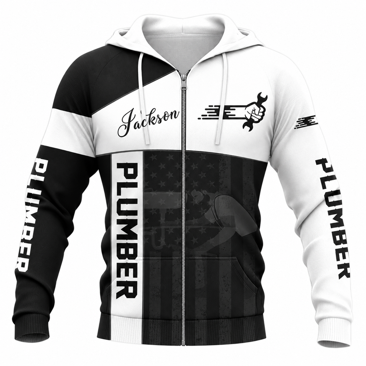 Personalized Plumber Hoodie & T-Shirt - Black White Plumbing Tools – Zip Hoodie, front view
