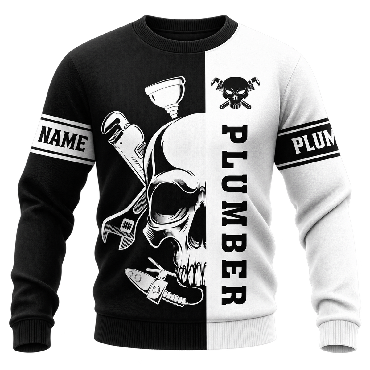 Personalized Plumber Hoodie & T-Shirt - Black White Plumber Skull – Sweatshirt, front view