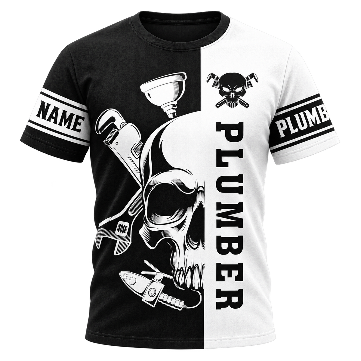 Personalized Plumber Hoodie & T-Shirt - Black White Plumber Skull – T-Shirt, front view