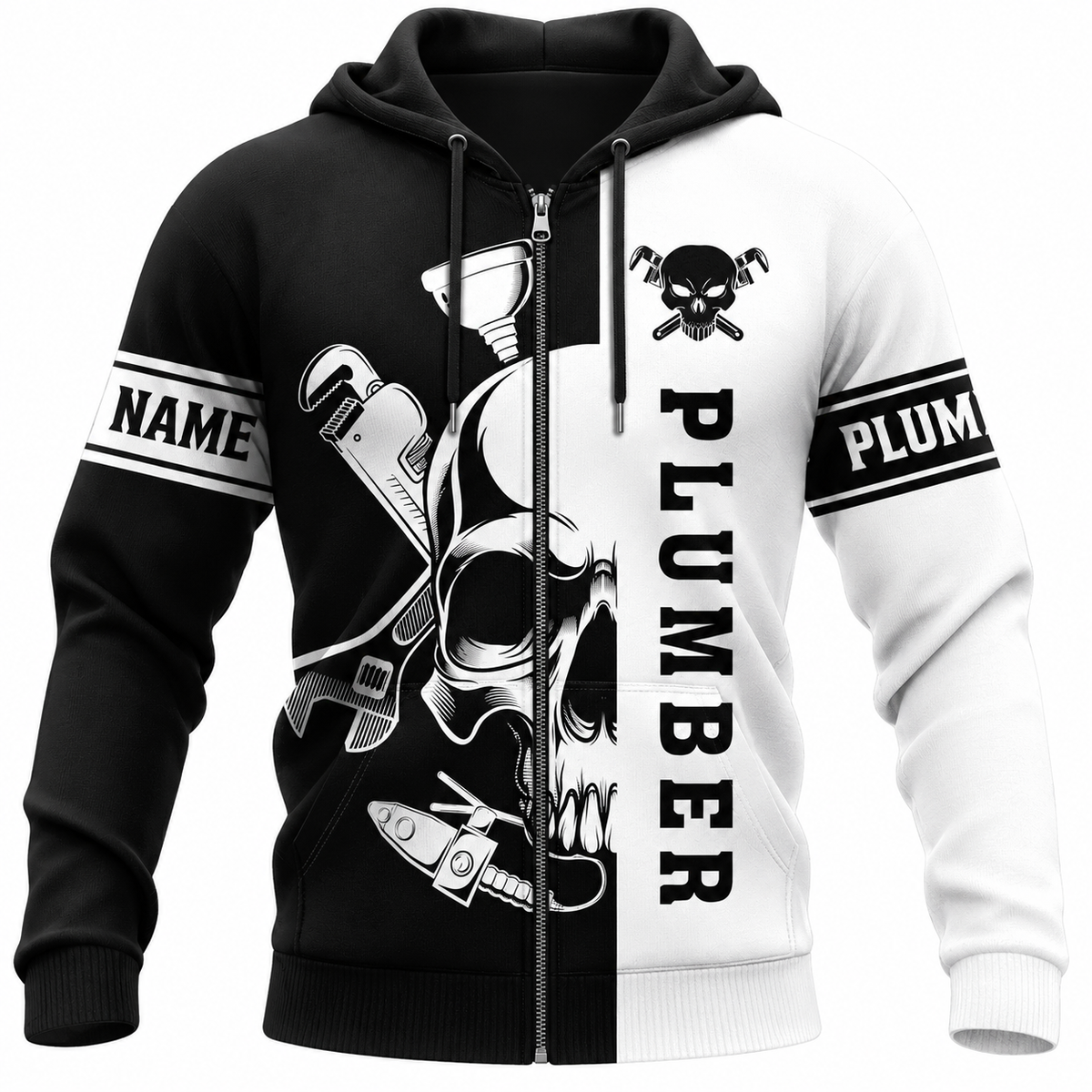 Personalized Plumber Hoodie & T-Shirt - Black White Plumber Skull – Zip Hoodie, front view