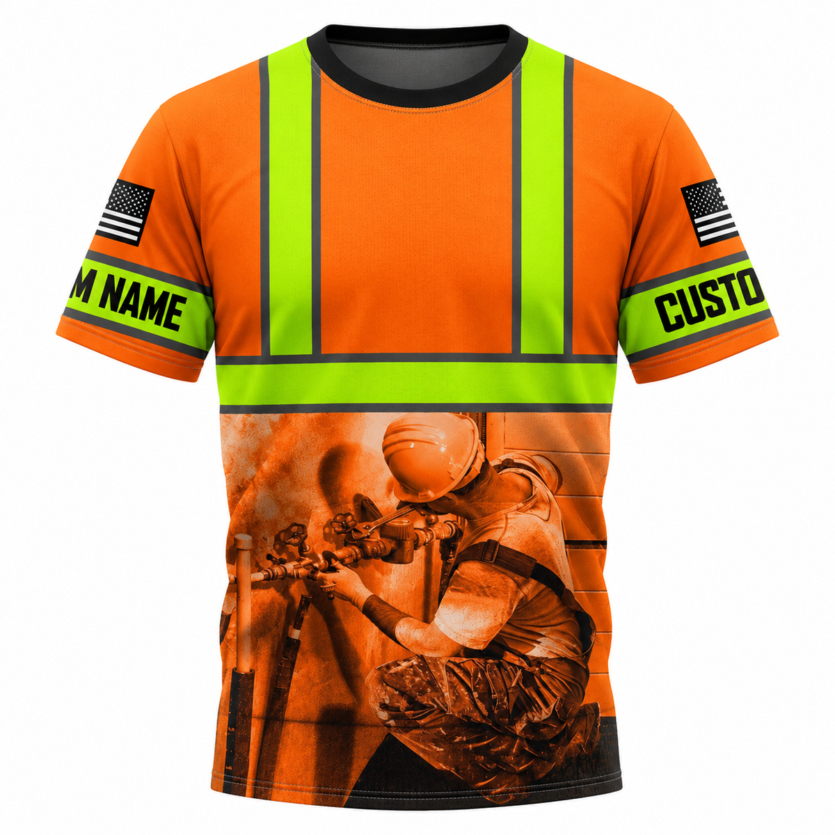 Personalized Plumber Hoodie & T-Shirt - Orange Stripe Print Plumber Illustration – T-Shirt, front view