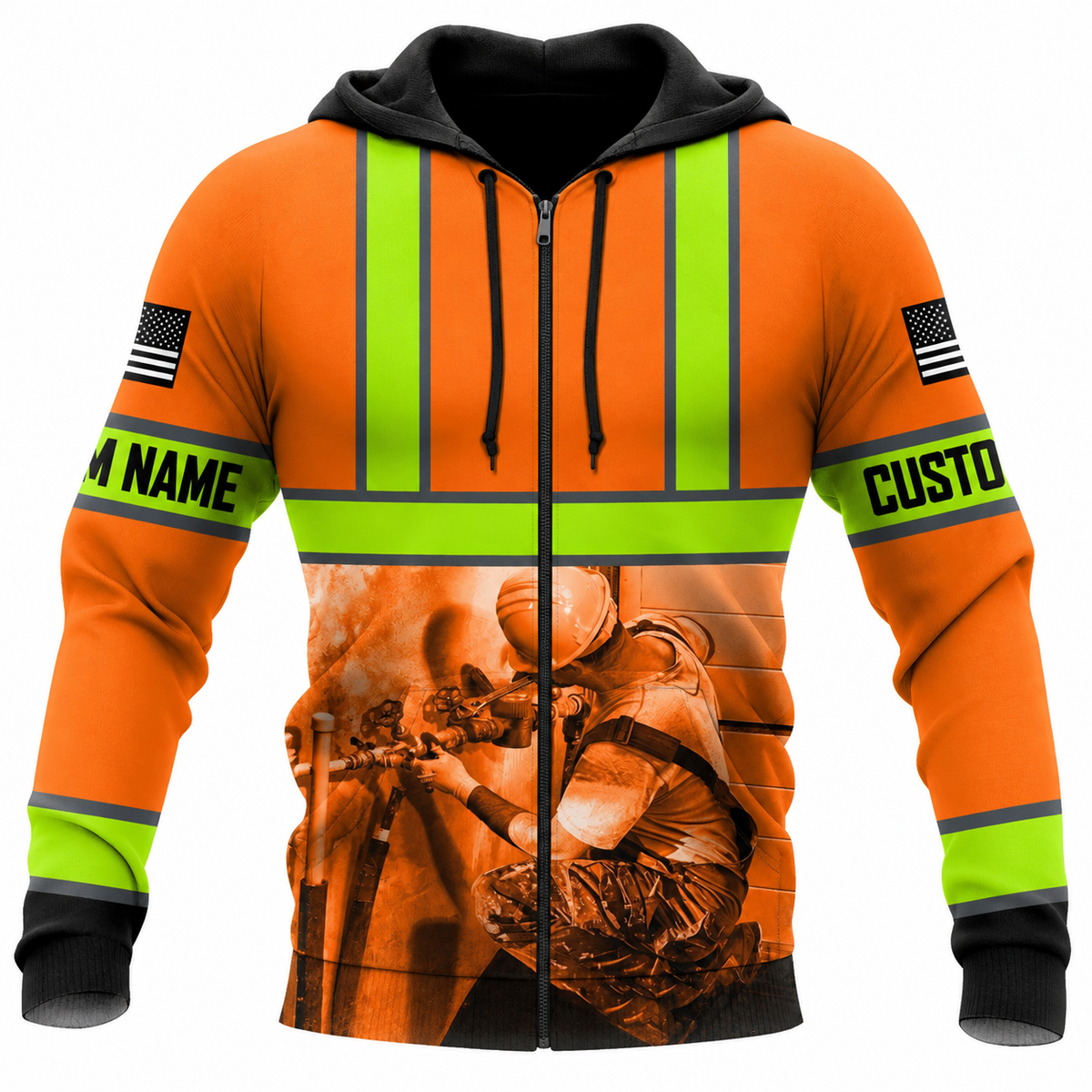 Personalized Plumber Hoodie & T-Shirt - Orange Stripe Print Plumber Illustration – Zip Hoodie, front view