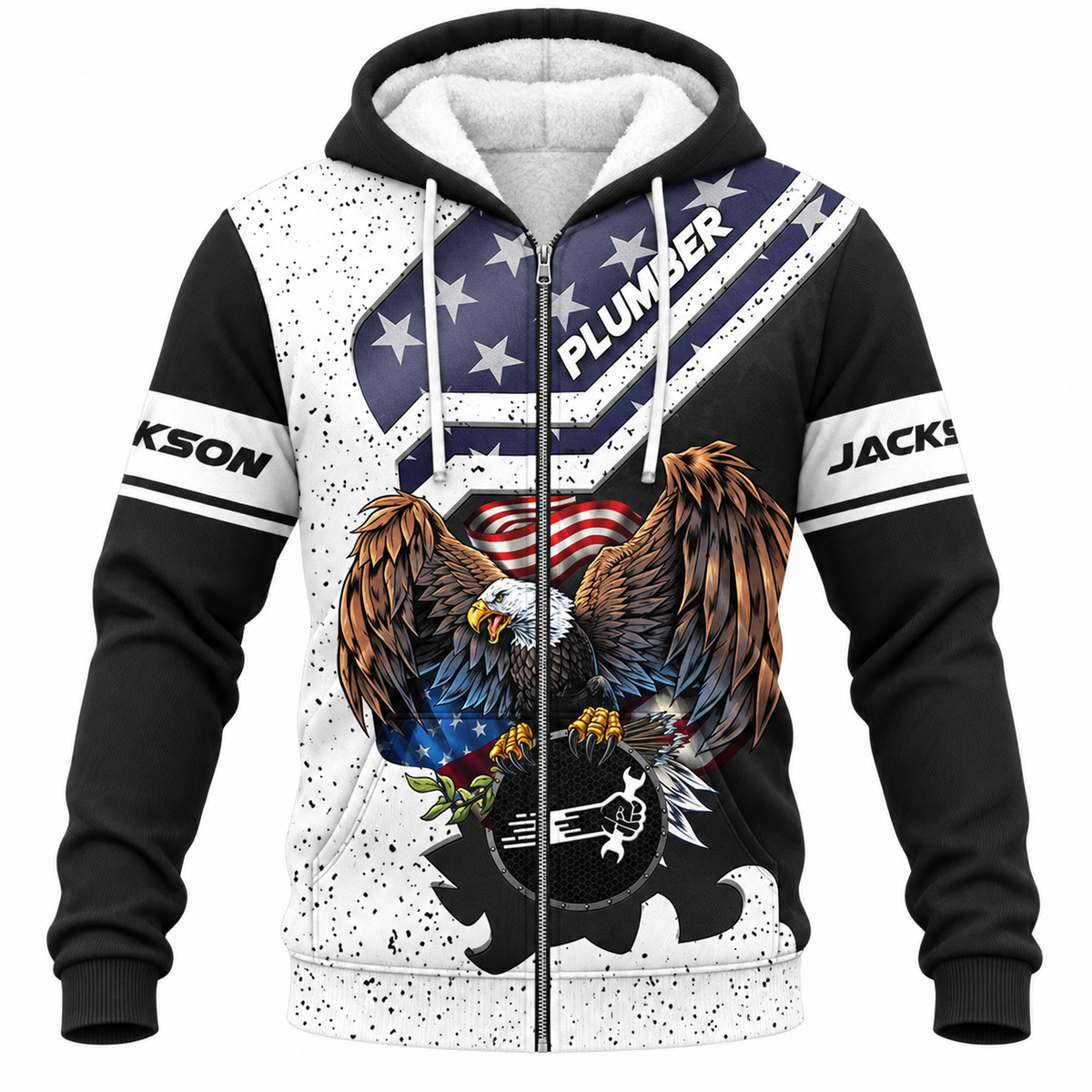 Personalized Plumber Hoodie & T-Shirt - Black White American Eagle – Fleece Zip Hoodie, front view
