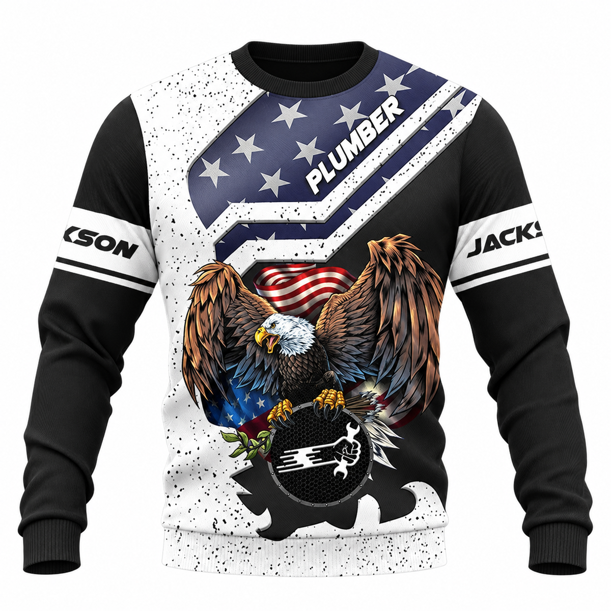 Personalized Plumber Hoodie & T-Shirt - Black White American Eagle – Sweatshirt, front view