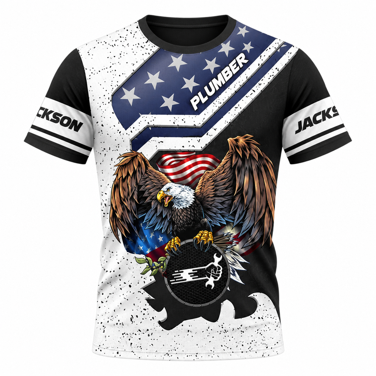 Personalized Plumber Hoodie & T-Shirt - Black White American Eagle – T-Shirt, front view