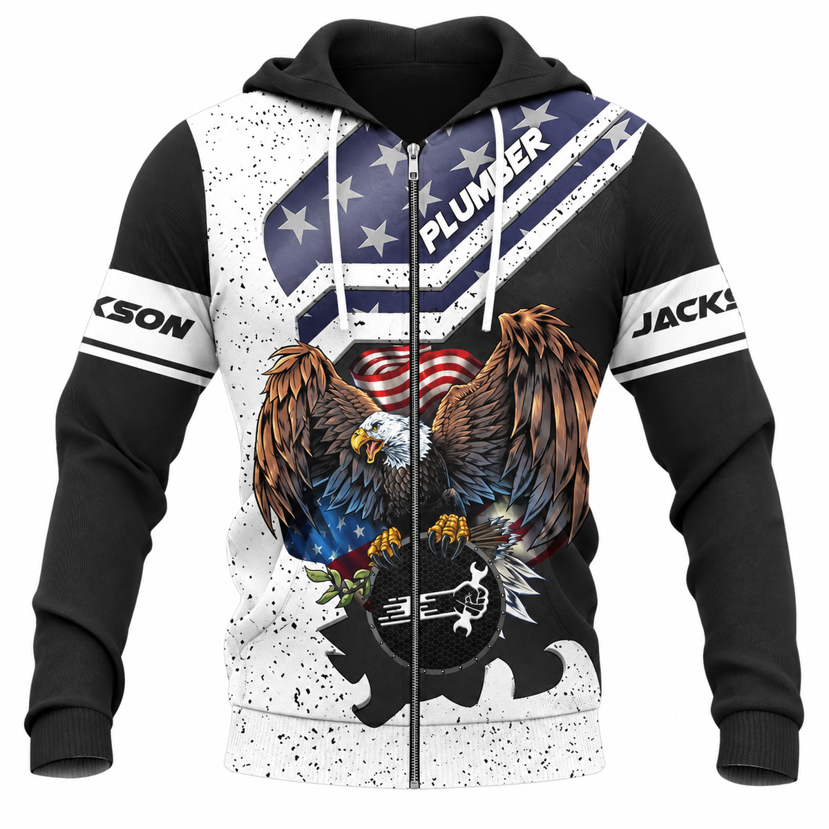 Personalized Plumber Hoodie & T-Shirt - Black White American Eagle – Zip Hoodie, front view