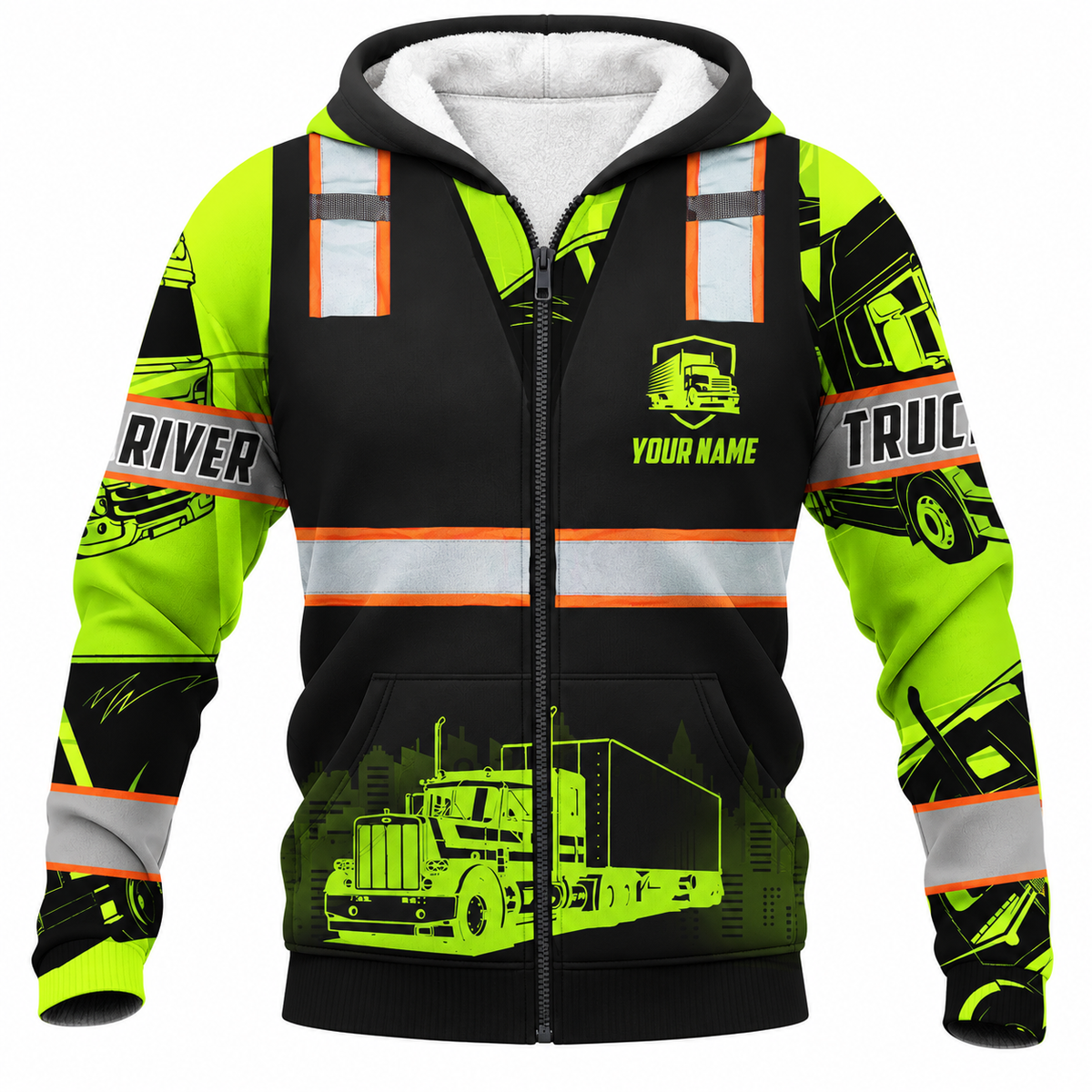 Personalized Trucker Hoodie & T-Shirt - Black Vest Print Neon Yellow Sleeves – Fleece Zip Hoodie, front view