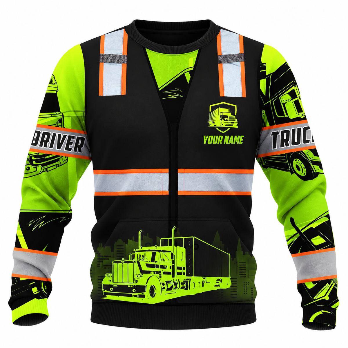 Personalized Trucker Hoodie & T-Shirt - Black Vest Print Neon Yellow Sleeves – Sweatshirt, front view