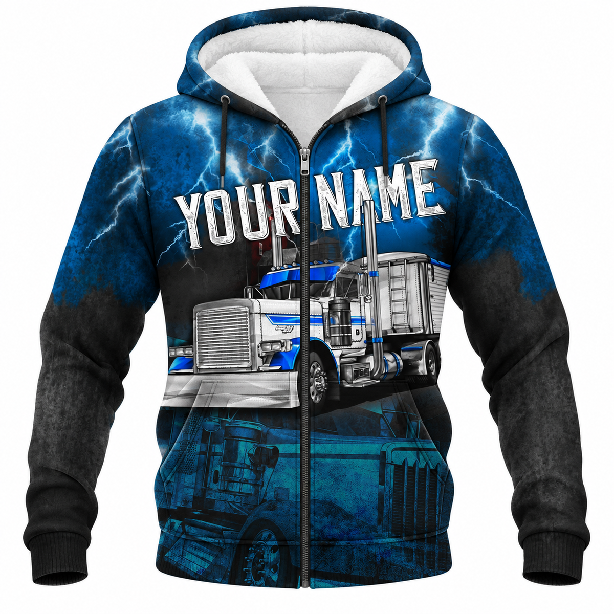 Personalized Trucker Hoodie & T-Shirt - Blue Lightning Semi Truck – Fleece Zip Hoodie, front view