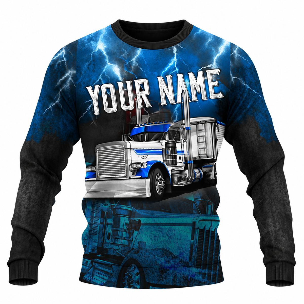 Personalized Trucker Hoodie & T-Shirt - Blue Lightning Semi Truck – Sweatshirt, front view