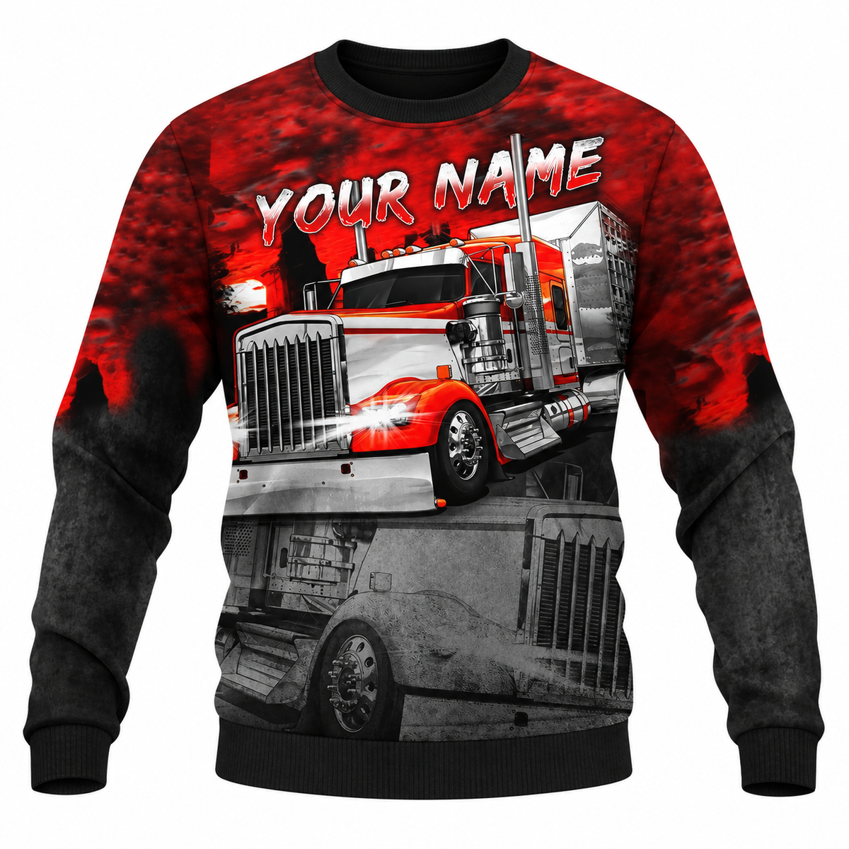 Personalized Trucker Hoodie & T-Shirt - Red Black Semi Truck – Sweatshirt, front view