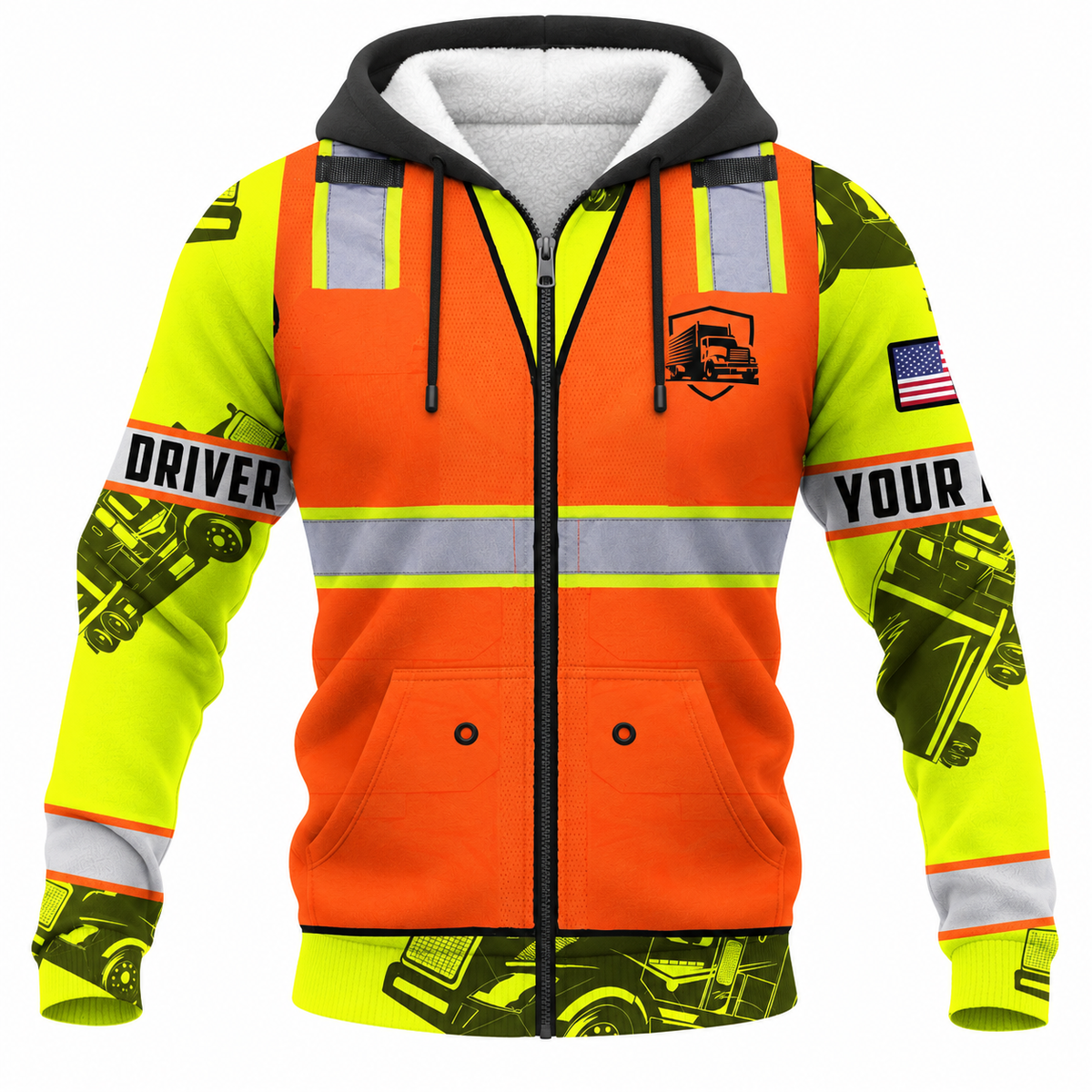Personalized Trucker Hoodie & T-Shirt - Orange Vest Print Yellow Sleeves – Fleece Zip Hoodie, front view