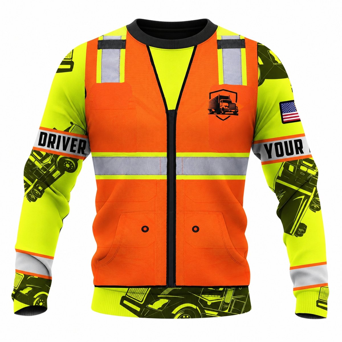 Personalized Trucker Hoodie & T-Shirt - Orange Vest Print Yellow Sleeves – Sweatshirt, front view